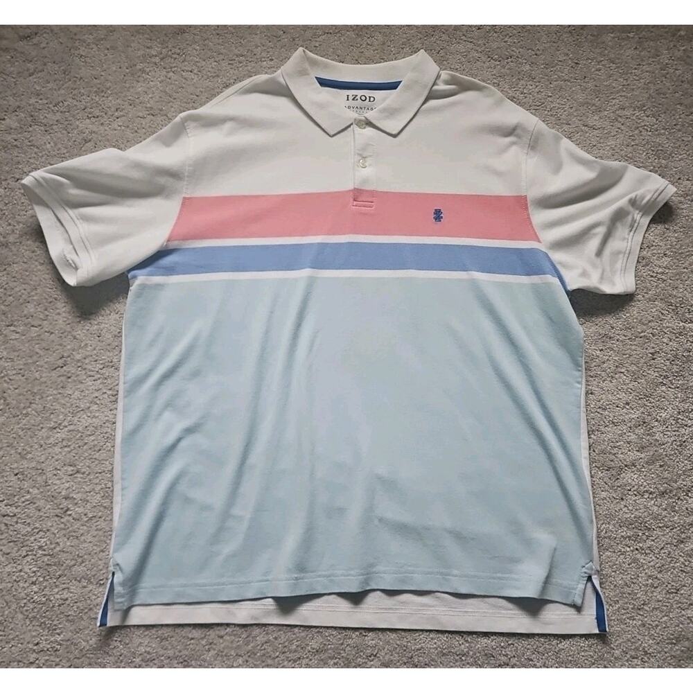 Izod Shirt Men XXL White Color Block Polo Short Sleeve Quarter Buttons Collared